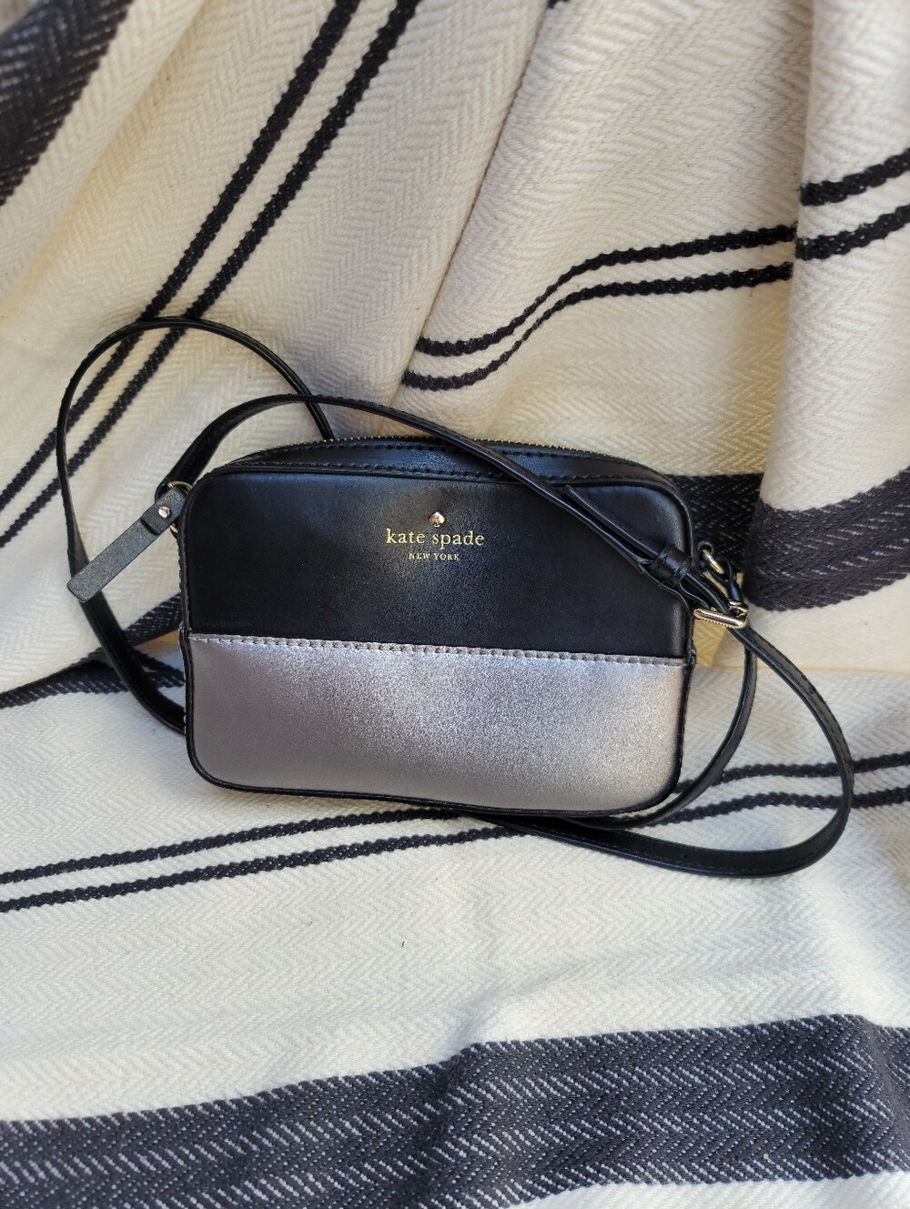 Kate Spade Two-Tone Black and Silver Leather Crossbody Bag Purse